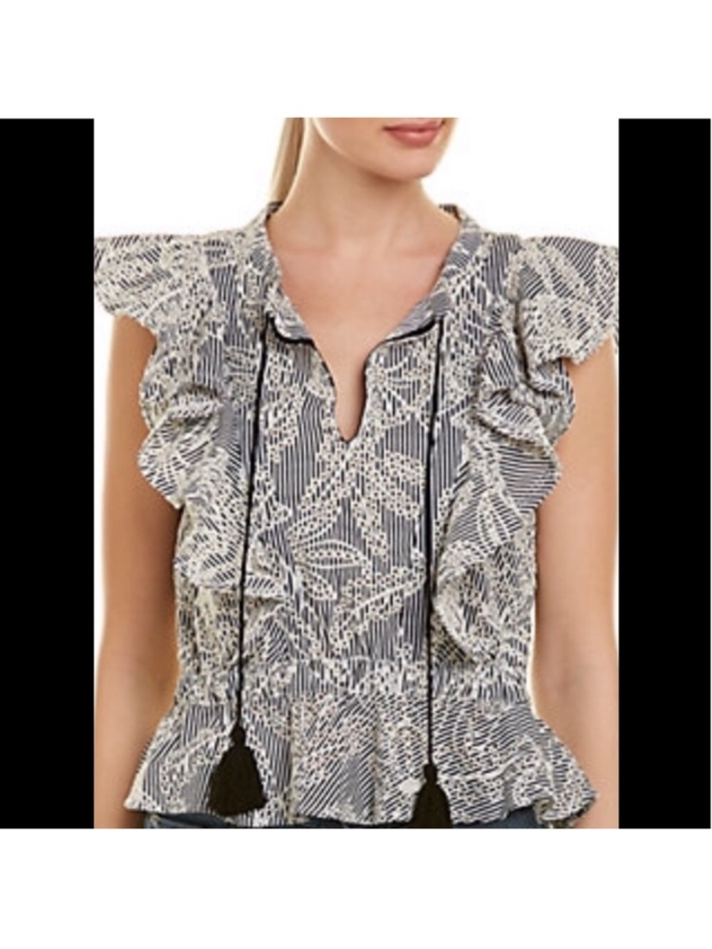 Mcguire Striped Floral Embroidered Eyelet Tassel Peplum Blouse Large